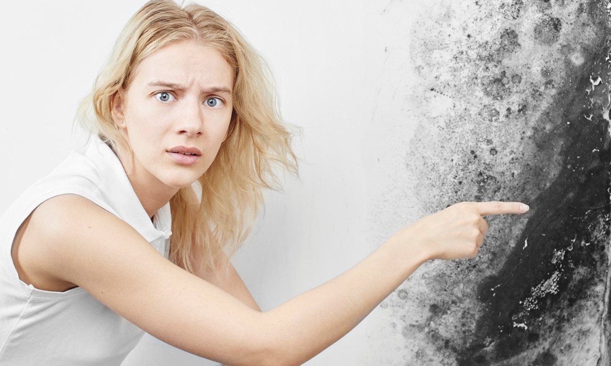 Une femme montre un mur de maison rempli de moisissures à cause de l'humidité