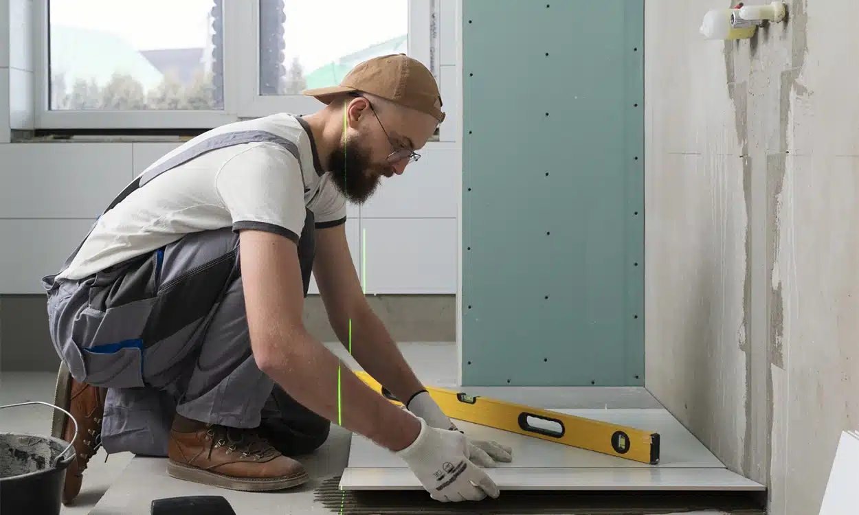 Pose d'un carrelage pour une rénovation de salle de bain.