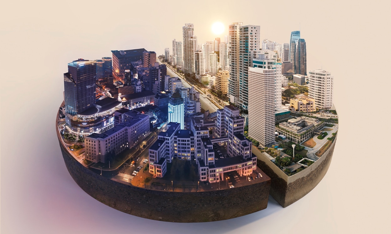 Une ville moderne ronde coupée en deux parties : jour et nuit