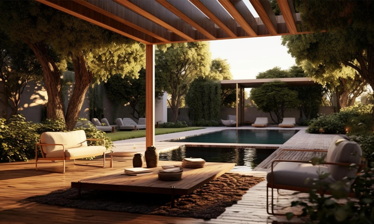 Salon de jardin protégé par une pergola solaire au bord d'une piscine
