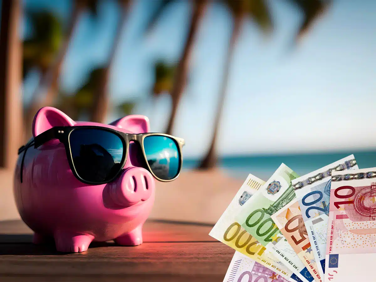 Tirelire cochon en vacances avec une liasse de billets de banque