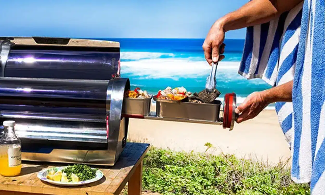 Utilisation d'un barbecue solaire devant une plage magnifique