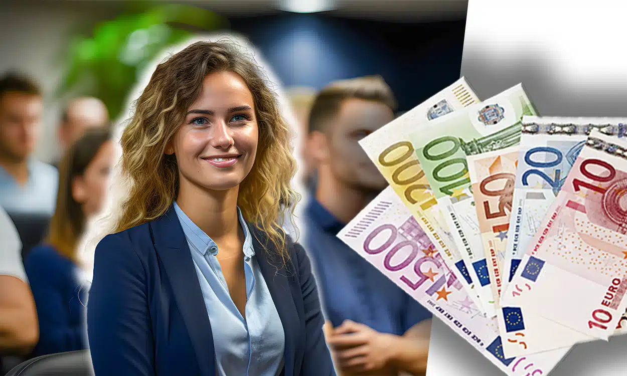 Jolie jeune femme blonde habillée avec un tailleur lors d'une conférence ou une formation de groupe
