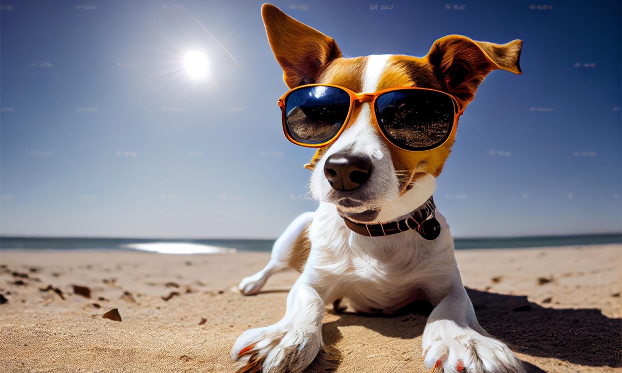 Un chien mignon avec des lunettes de soleil sur la plage