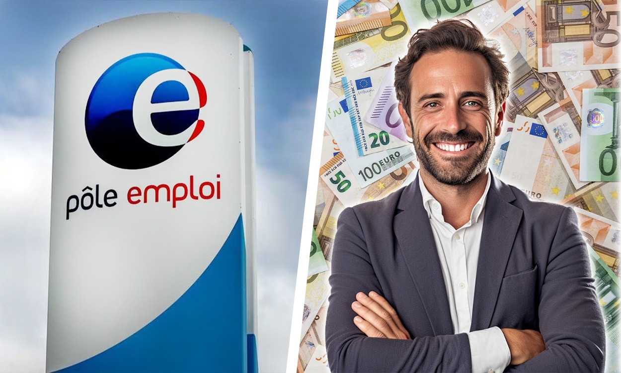 Logo pole emploi a côté d'un homme souriant et des billets de banque en euro