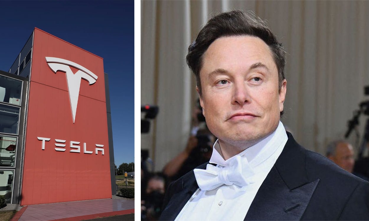 Logo Tesla avec Elon Musk en costard