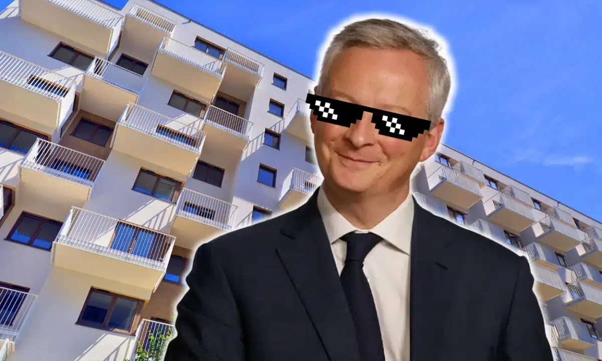Bruno Le Maire devant une barre d'immeuble avec des lunettes thug life