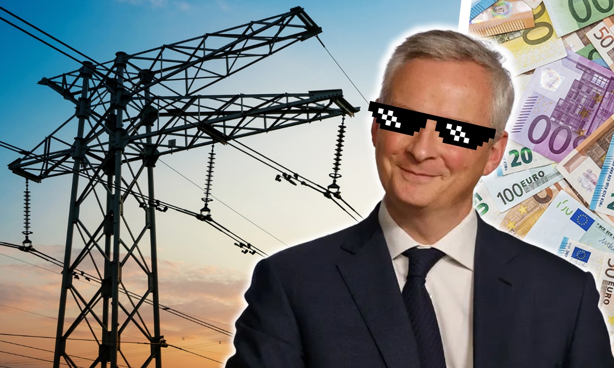 Bruno Le Maire avec des lunettes thug life devant un réseau électrique
