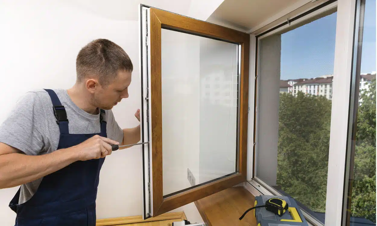 Installateur de fenêtres en cours de pose