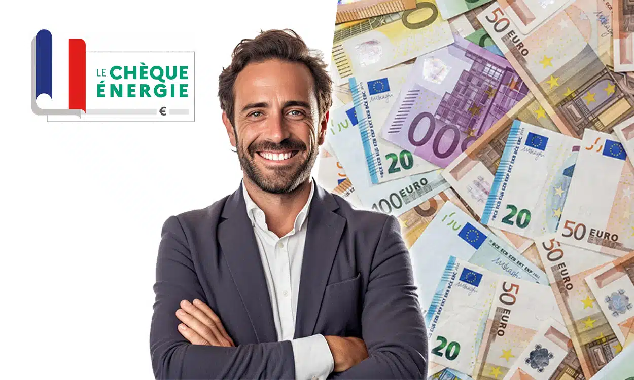 Logo du chèque énergie avec un homme souriant sur fond de billets de banque en euro