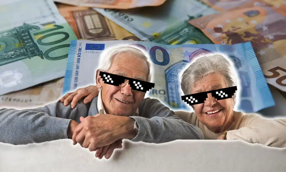 Couple de retraités avec des lunettes thug devant une montagne de billets