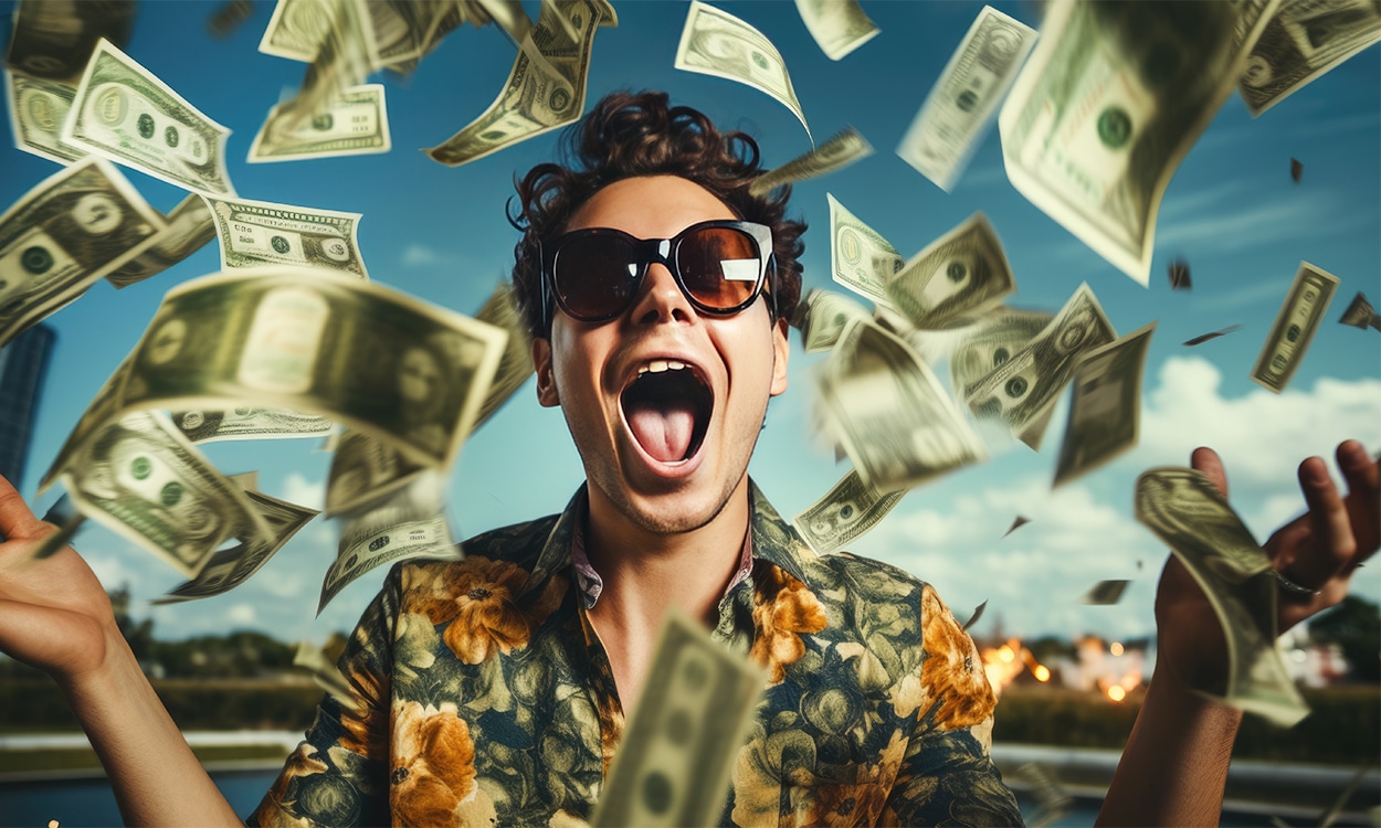 Un jeune millionnaire avec des lunettes de soleil sous une pluie de billets en dollars