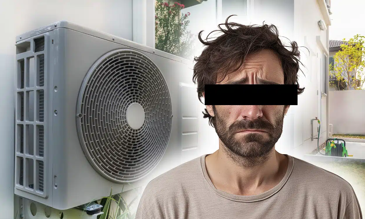 Propriétaire triste devant sa pompe à chaleur