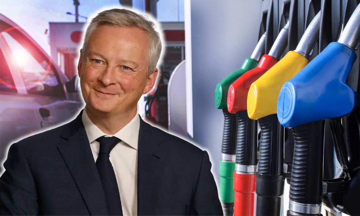 Carburant station essence avec portrait de Bruno Le Maire, ministre de l'économie française