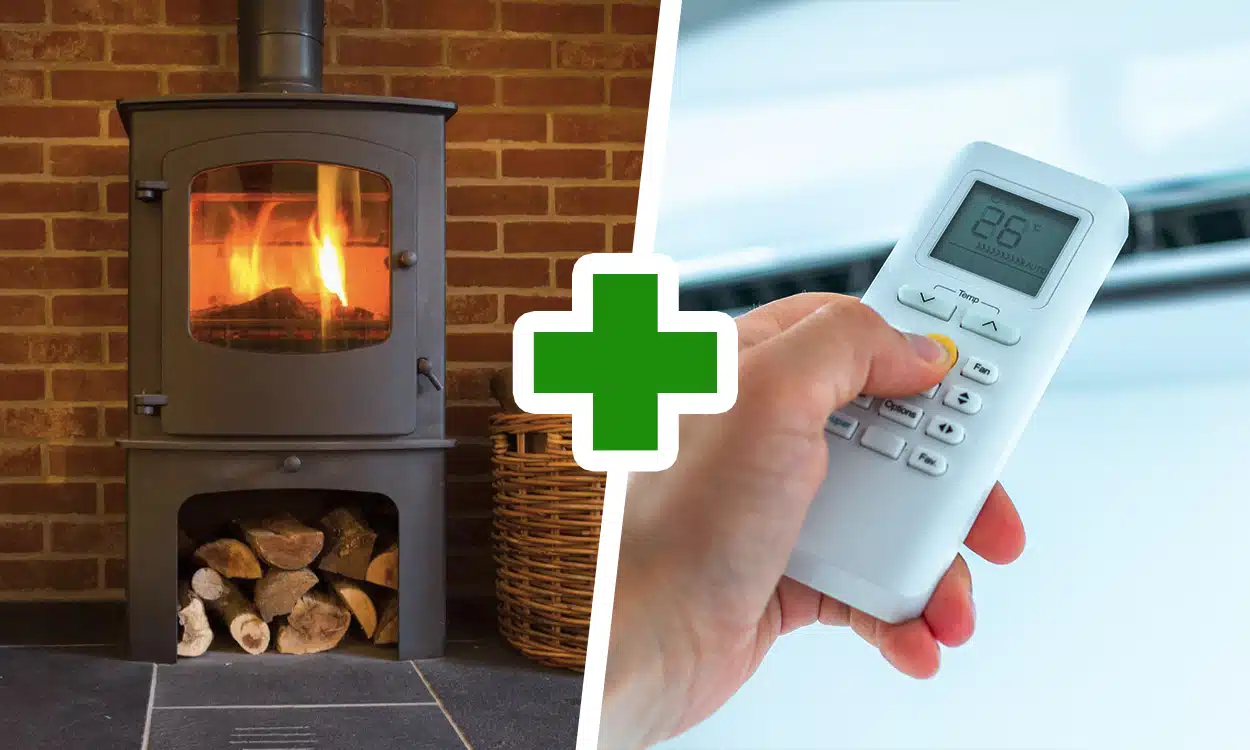 Un poêle à bois et la télécommande d'une climatisation réversible