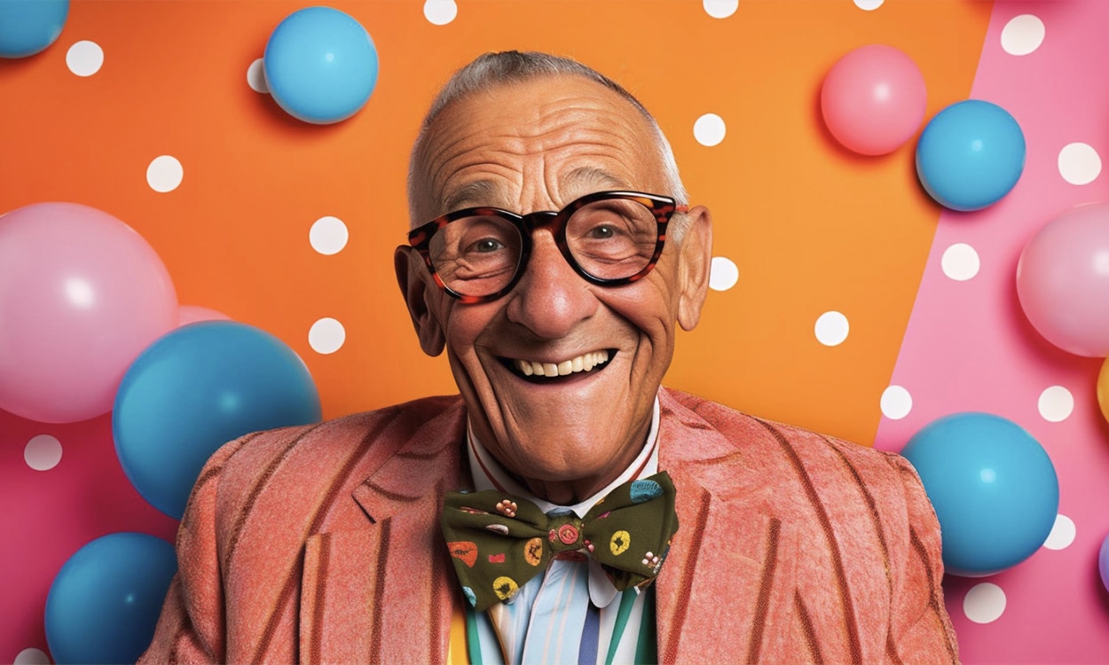 Un retraité heureux hibillé avec un costume très coloré