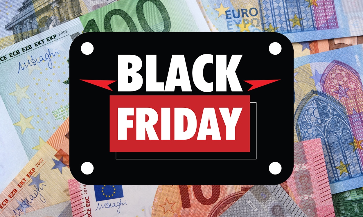 Bannière du Black Friday avec des billets d'euro en fond