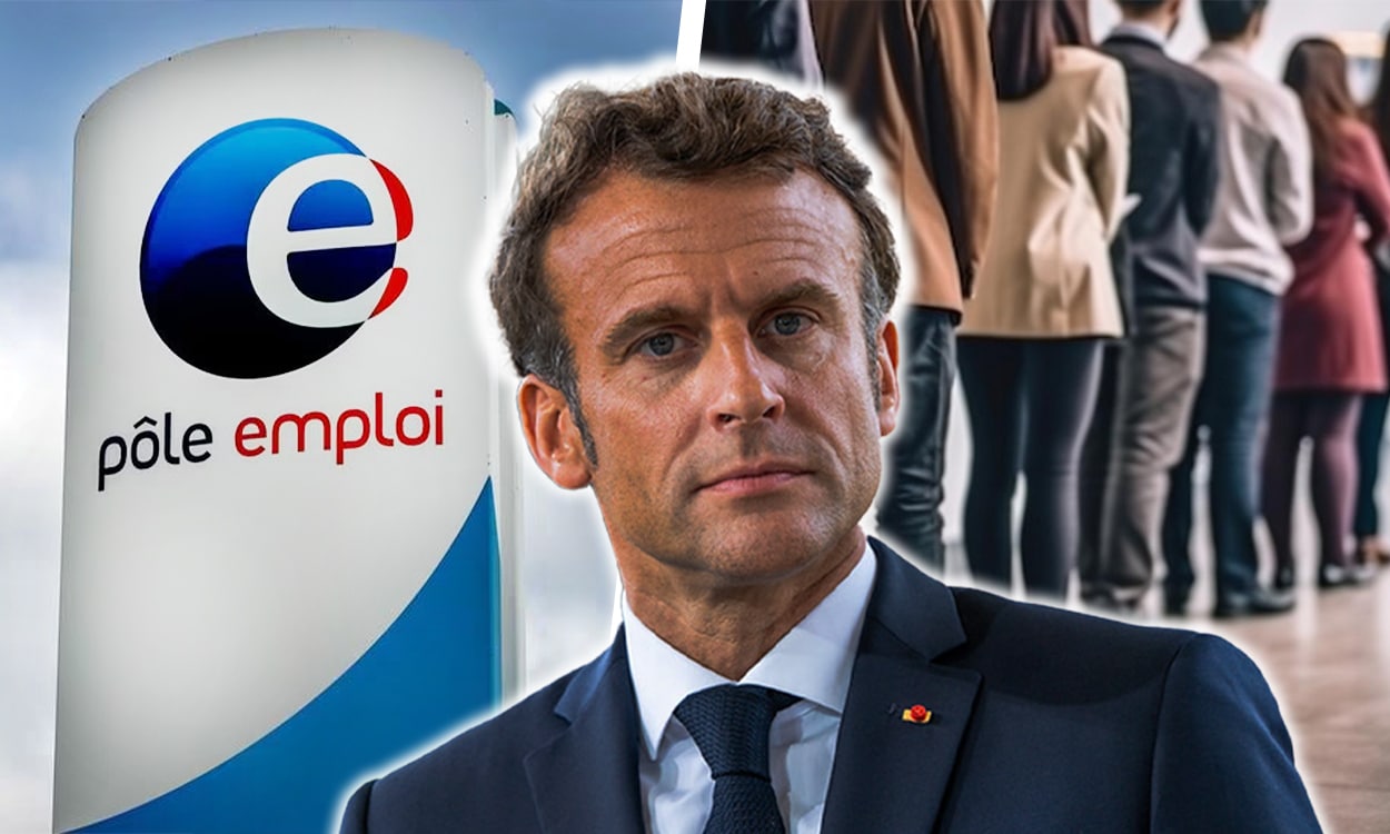 Macron et une file d'attente de chômeurs dans une agence Pôle Emplpo