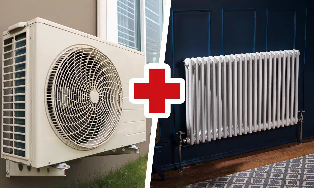 Moteur d'une pompe à chaleur et un radiateur sur le mur d'un salon