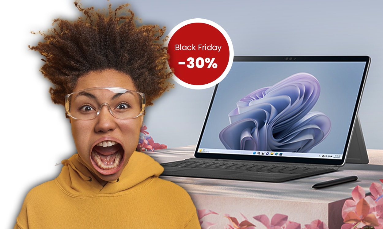 Une femme choquée par le prix de la surface Pro 9 Microsoft pour le black-friday