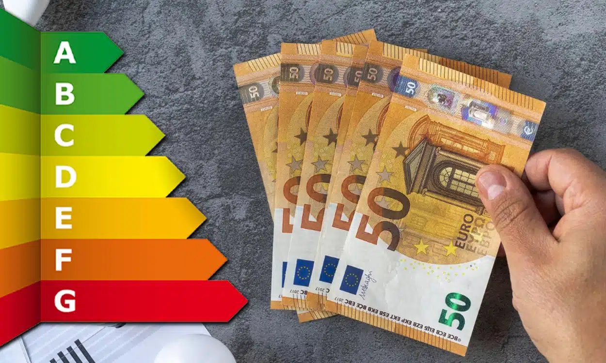 Liasse de billets en euros avec l'indicateur de performances énergétiques