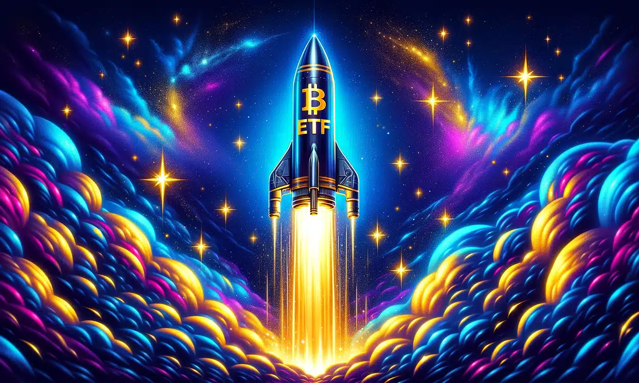Une fusée qui décolle avec ETF écrit dessus et le logo de Bitcoin