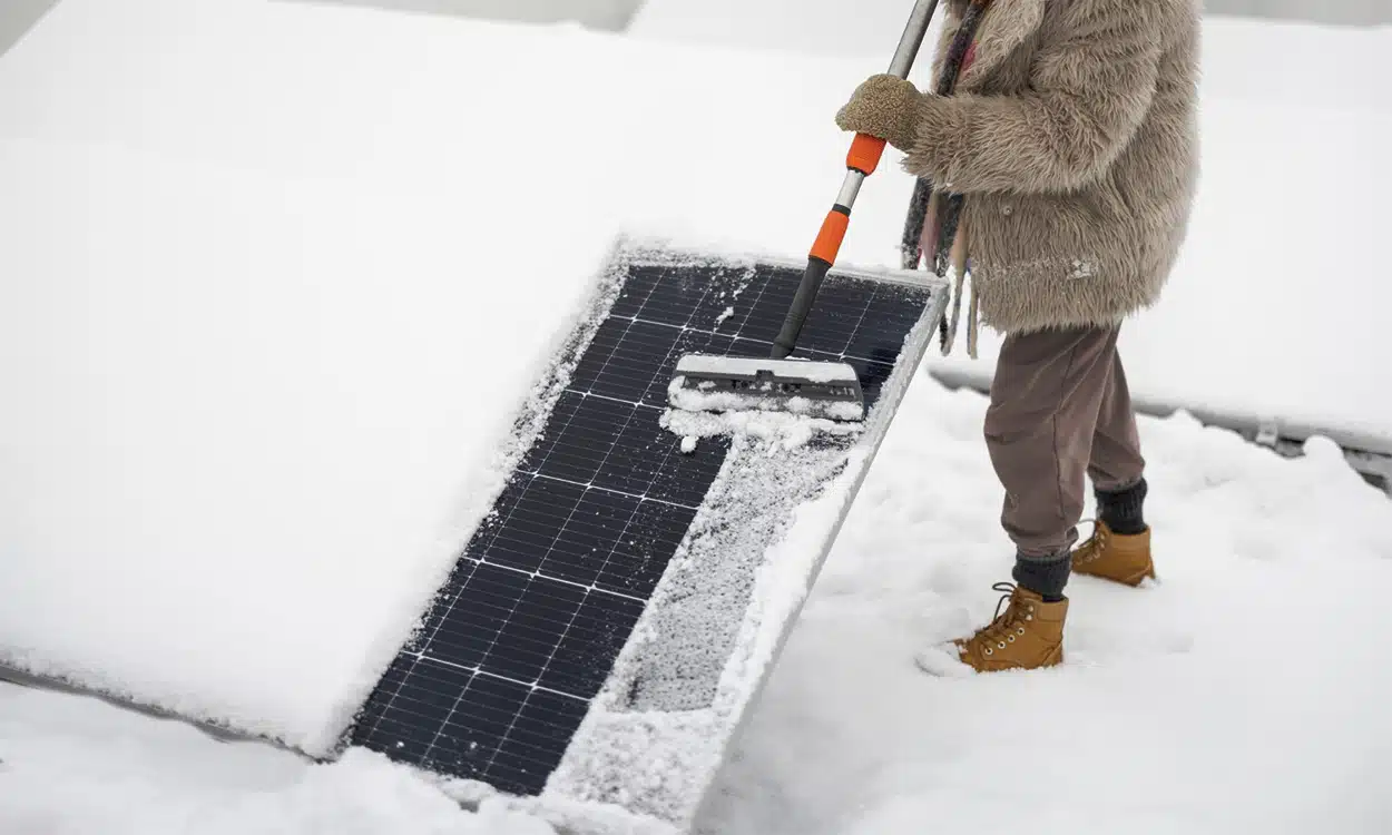 Une femme enlève la neige sur ses panneaux solaires