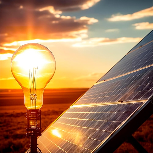 Image représentant l'énergie solaire avec des panneaux et une ampoule