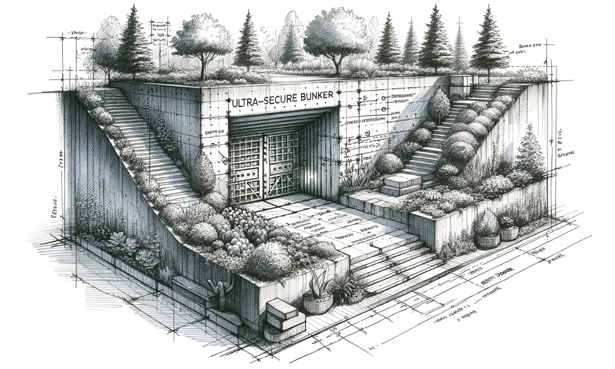 Croquis d'architecte d'une construction de bunker dans un jardin