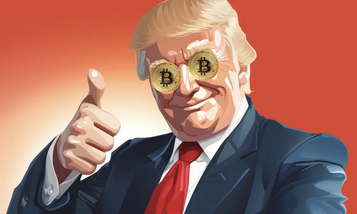 Illustration de Donald Trump avec des pièces Bitcoin sur les yeux