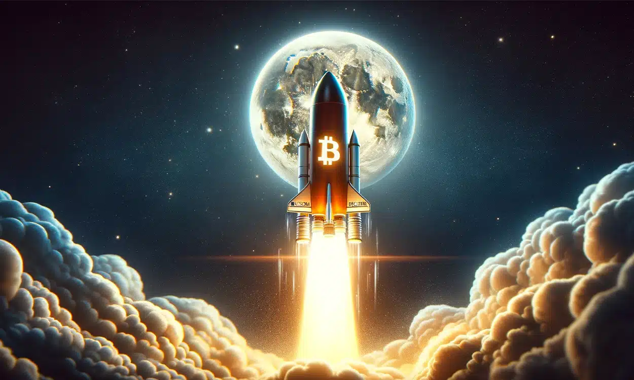 Fusée en train de décoller avec le logo de Bitcoin dessus et la lune en fond
