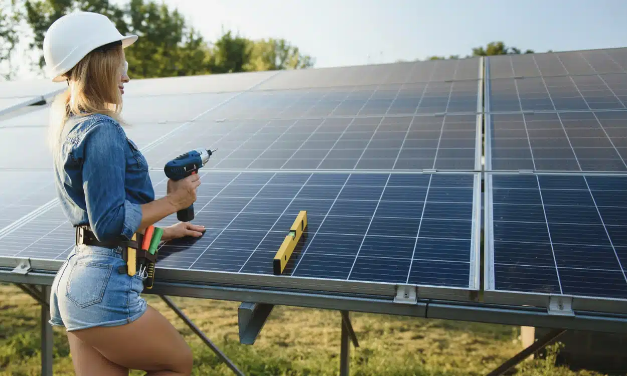 Jolie femme qui installe des panneaux solaires sur un terrain