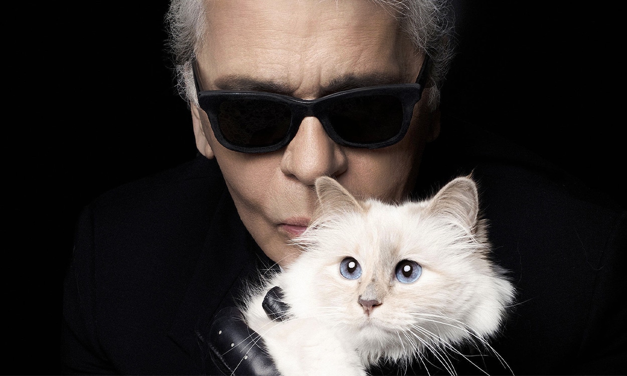 Karl Lagerfeld et son chat sur fond noir