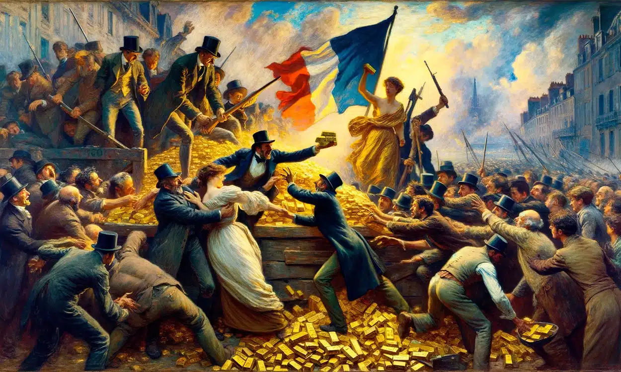 Peinture romantique illustrant des française se ruant sur des lingots d'or