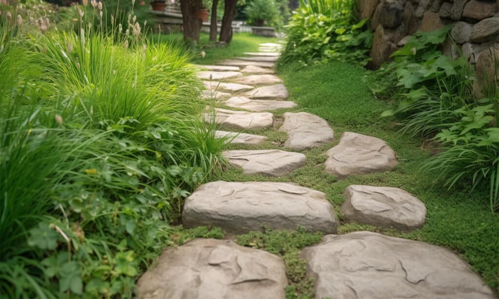 Chemin pavé de dalles en pierres naturelles dans un jardin