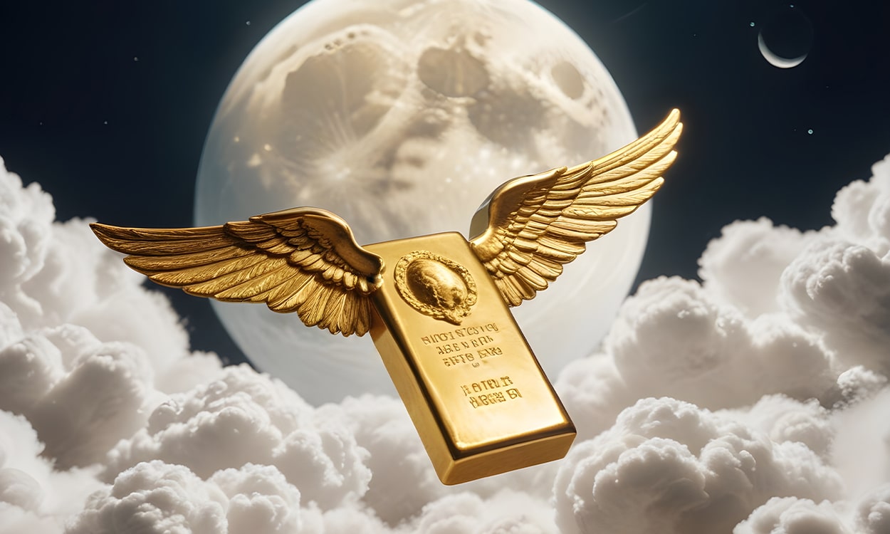 Un lingot d'or avec des ailes qui vole vers la lune