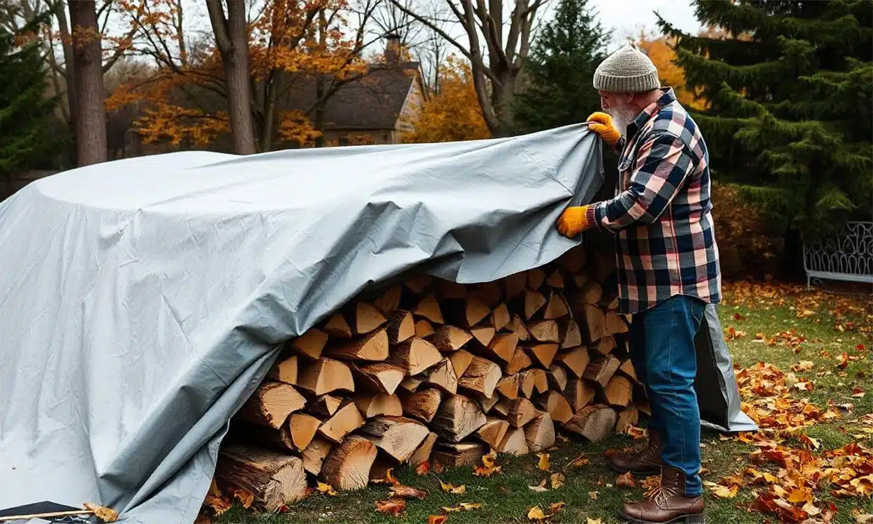 Un homme barbu protège son tas de bois avec une bâche