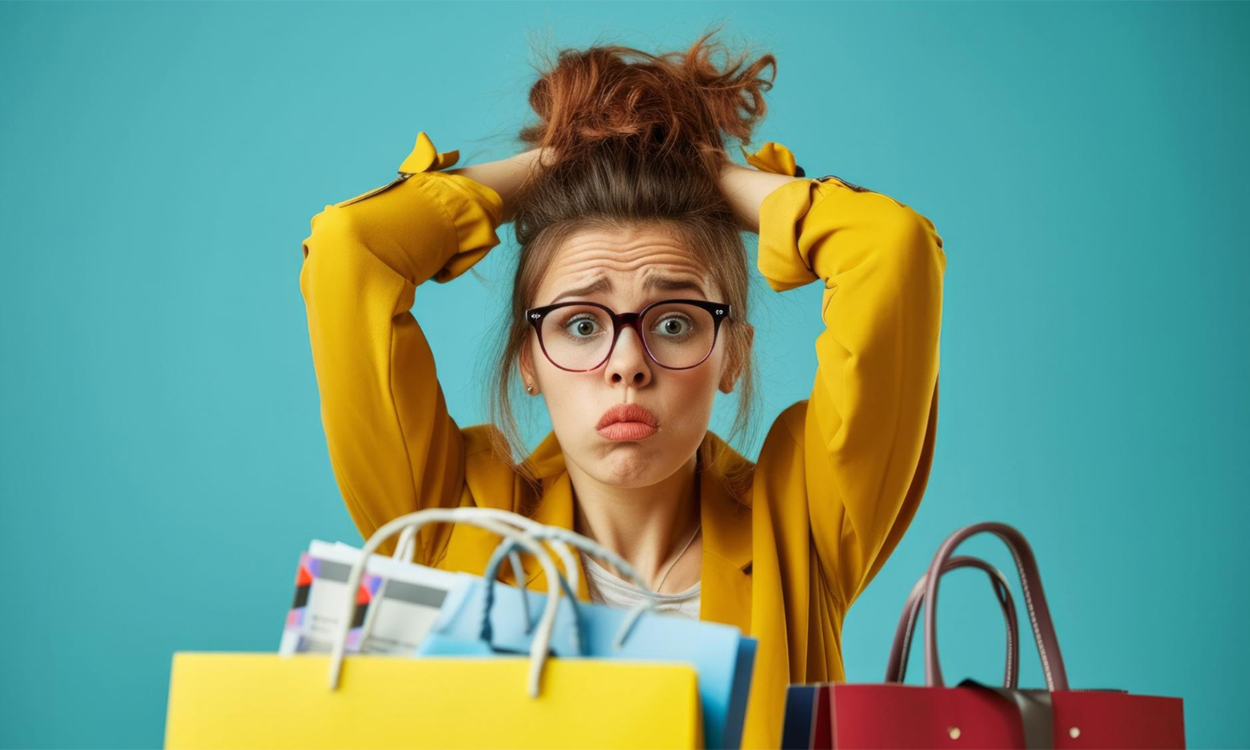 Une femme stressée après une séance de shopping