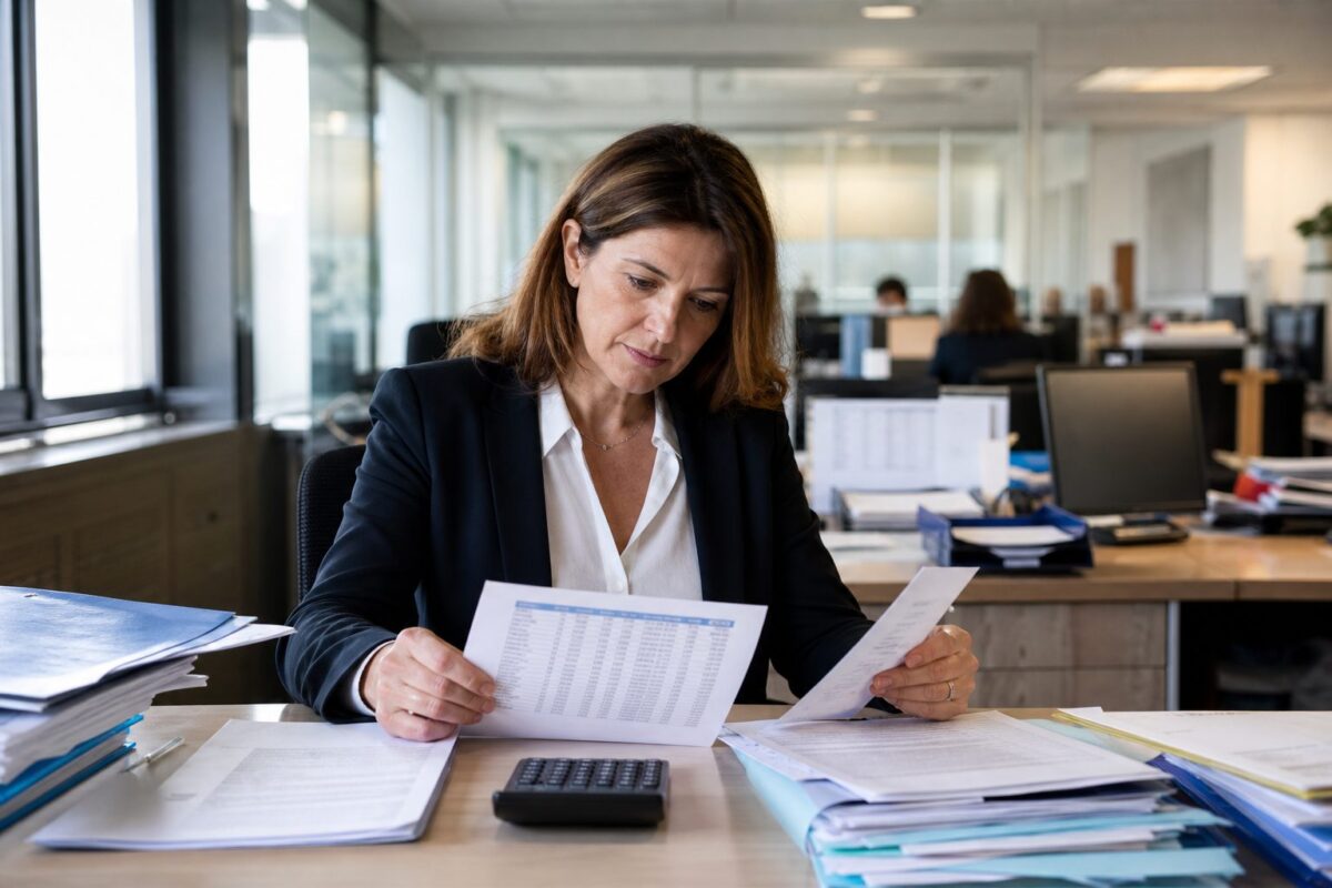 Fonctionnaire comparant ses relevés de crédit et ses mensualités à son bureau