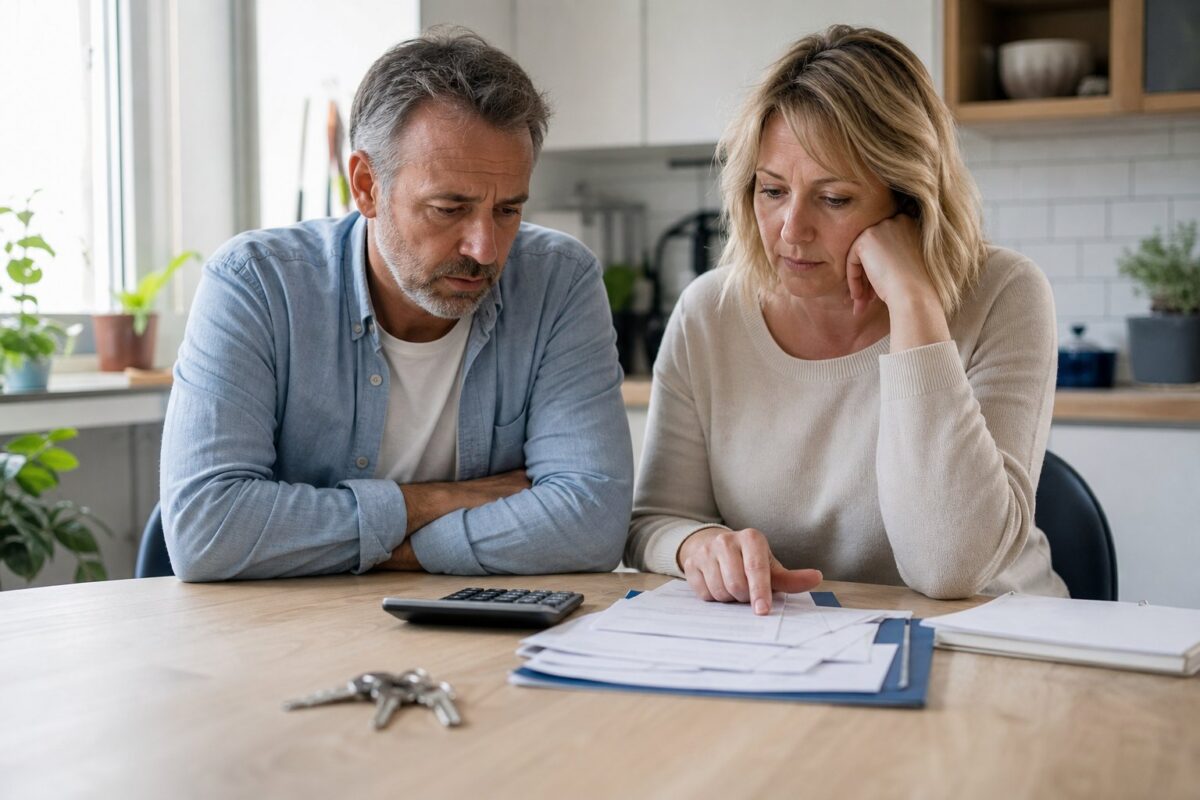 Couple propriétaire examinant les documents de son rachat de crédit hypothécaire